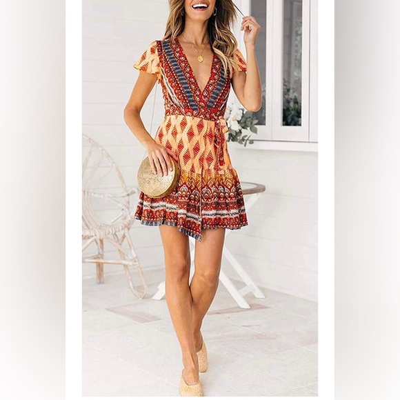 Dresses | Womens Summer Wrap V Neck Bohemian Floral Print Ruffle Swing ...